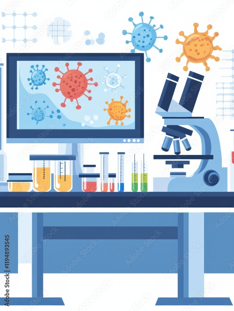 Aufkleber laboratory setup featuring microscopes, test tubes, and digital visuals of bacteria in a research en