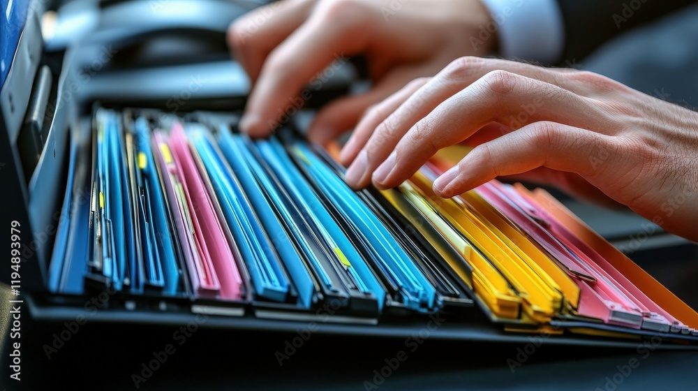 Poster hands organizing colorful files in a document management system on a desk for efficient file handlin