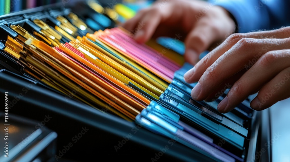 Poster hands organizing colorful files in an office setting with a focus on efficient document management s