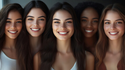 Fototapeta premium Group of diverse multiracial and multi ethnic female woman smiling. International Women's day 