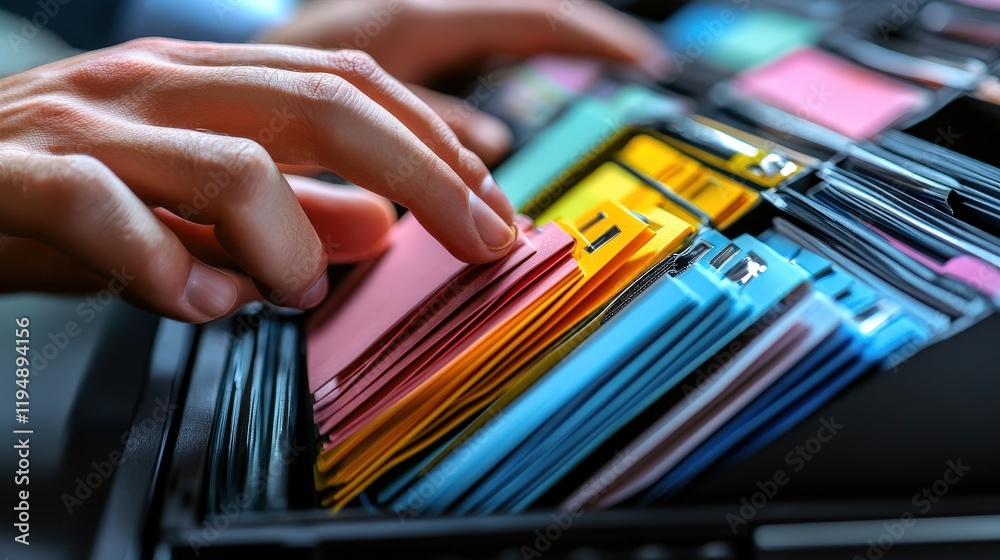 Poster organizational system for document management with color-coded files and hands sorting through a mod