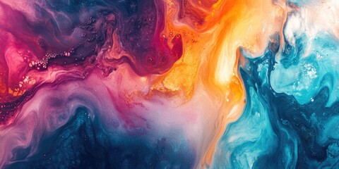 Vibrant abstract background with fluid chromatography patterns in shades of pink, orange, blue, and turquoise, creating a dynamic visual effect.
