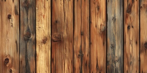 Naklejka premium Natural wood paneling background with varying shades of brown and beige, showcasing vertical wooden planks with textured grain patterns.
