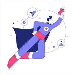 Superhero With Megaphone In Flat Vector Illustration Symbolizing Leadership, Communication, And Business Success, Isolated On White Background.