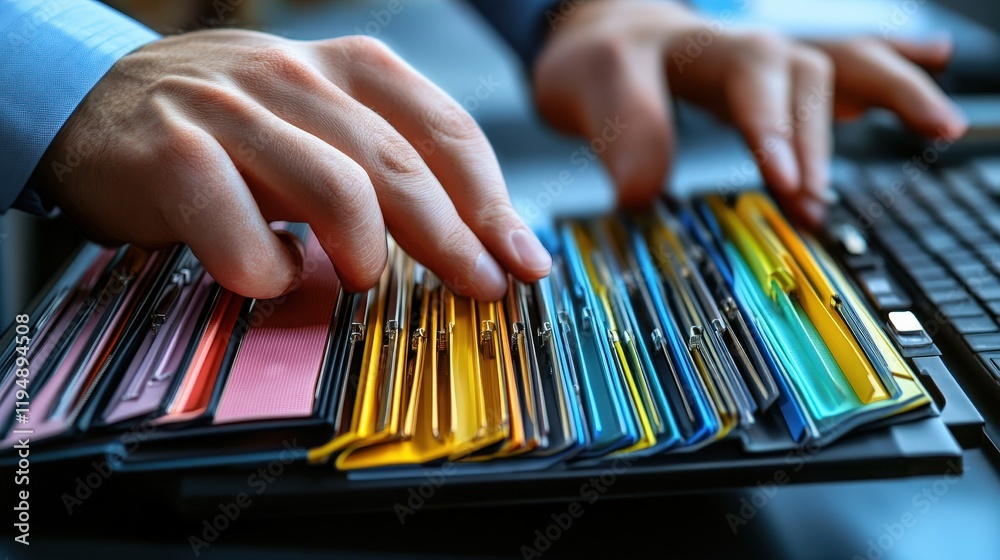 Poster hands organizing colorful folders on a keyboard for effective document management and system organiz