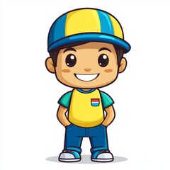Happy Boy Wearing Yellow Shirt Blue Cap And Jeans