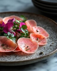 [Sashimi with daikon radish and sesame oil garnish] Sashimi Platter with Raw Salmon and Daikon Radish, Blurred Background, Professional Food Photography