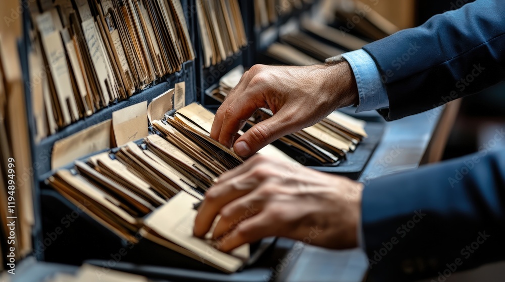 Poster hands organizing papers in a card file system with labeled folders for effective document management