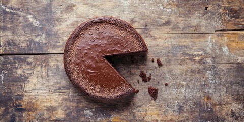 Aerial view of a dark chocolate cake on rustic wooden background with a single slice removed and crumbs scattered around the cake's edge
