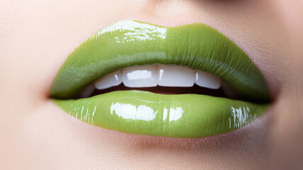 Close-up Shot of Glossy Green Lips with Perfectly Even White Teeth and Soft Skin Tone