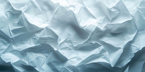 Obraz premium Crumpled white paper texture with soft blue undertones creating an abstract backdrop featuring random folds and shadows across the surface.