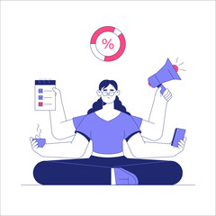 Multi Armed Woman Managing Tasks In Flat Vector Illustration Symbolizing Productivity, Multitasking, And Time Management, Isolated On White Background