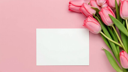 Pink tulips arranged beautifully next to a blank card on a soft pink surface inviting creativity