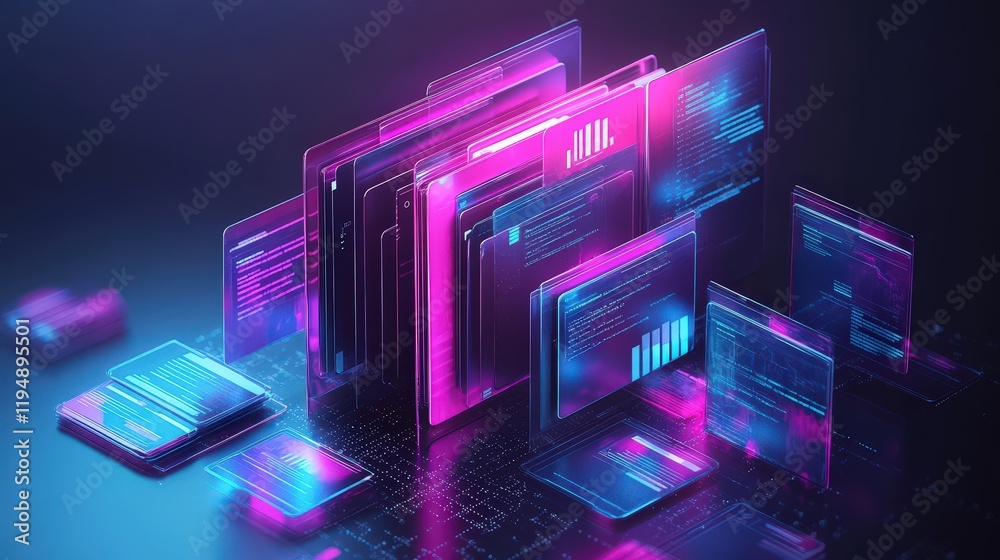 Poster futuristic digital document management system visualization with colorful data and interface element