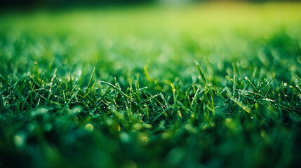 Morning dew glistens on lush green grass in a tranquil outdoor setting