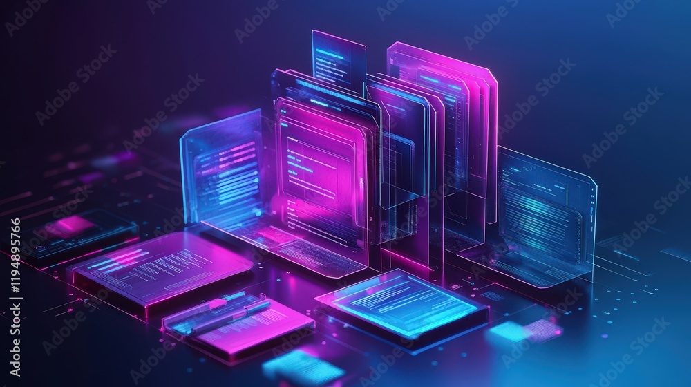 Poster abstract digital document management system with glowing files and data layers representing technolo
