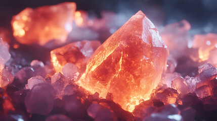 A close-up of Himalayan pink salt crystals on a dark background.