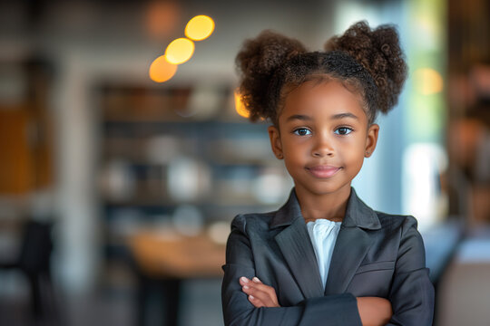 Young girl in business attire inspired for future careers. Generative AI image