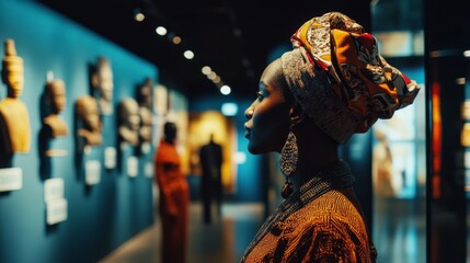 An elegant woman contemplates art in a cultural exhibition. Surrounded by historical sculptures, she embodies appreciation for heritage and history. Generative AI.