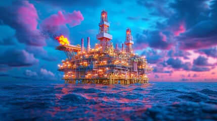 Lifelike Offshore Oil Rig at Sunset