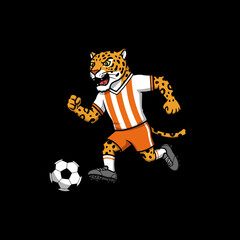 A cartoon jaguar in an orange soccer uniform aggressively kicks a soccer ball while running. © anissa