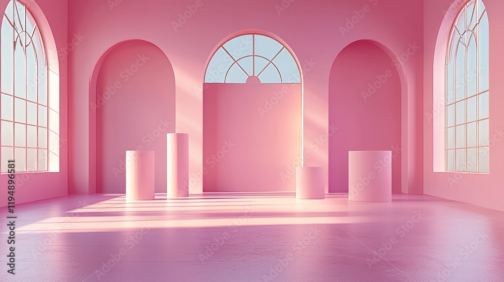 Poster a minimal stand podium wall scene with a soft pastel color background, geometric shapes such as cyli