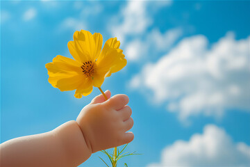 Yellow blossom flower in baby's hand against blue sky, version 2
