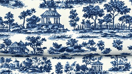 hyper realistic photo of  elegant blue and white toile pattern intricate pastoral scenes delicate brushwork classic french country aesthetic