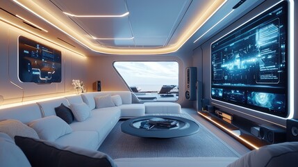 Obraz premium Futuristic Yacht Living Room, A Luxurious and Technologically Advanced Interior Design