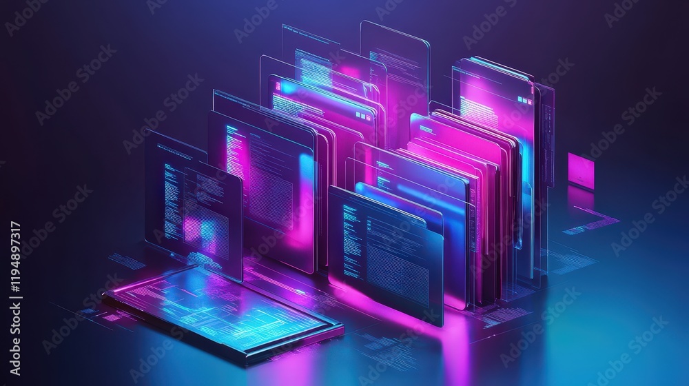 Poster digital document management system concept with interactive folder interfaces and futuristic design 