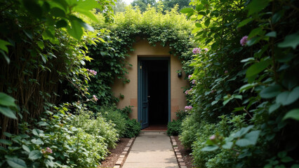 Hidden garden pathway leading to a secluded door surrounded by lush greenery in daylight