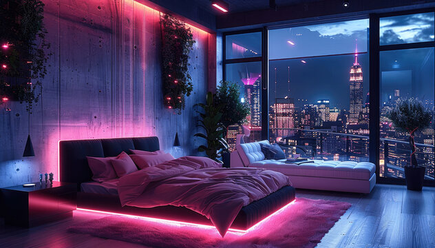 Fototapeta Cozy loft bedroom with neon lights and hanging plants, large windows overlooking the city at night, gray walls, pink bed, black-framed bed, white leather sofa.