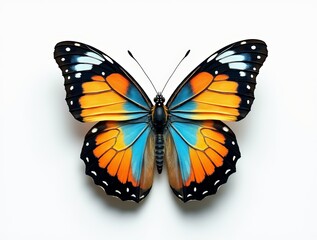 Fototapeta premium Colorful butterfly resting on a white background showcasing vibrant wing patterns and textures
