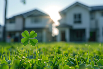 Clover in focus with blurred houses at sunset. Generative AI image