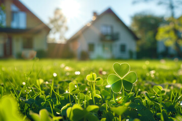 Sunlit Clover and Lush Lawn in Front of a Cozy House. Generative AI image