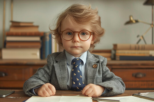 Toddler dressed as a business professional at a desk. Generative AI image