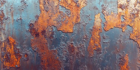 Rusty metal texture with vibrant orange and deep blue hues creating a grungy abstract background showcasing oxidized iron panel details.