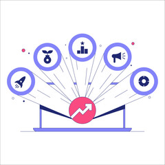 Laptop Displaying Key Business Metrics And Goals With Icons Representing Growth, Success, And Marketing. Flat Vector Illustration About Strategy And Innovation, Isolated On White Background
