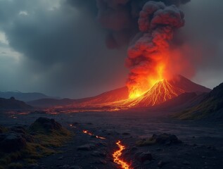 Majestic volcanic eruption displays glowing lava and ash clouds at dusk near a mountainous terrain