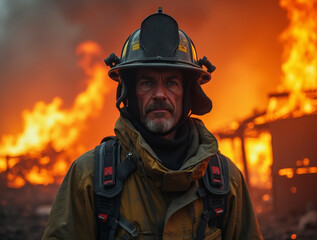 Fototapeta premium Firefighter battles intense flames while saving lives during a massive blaze