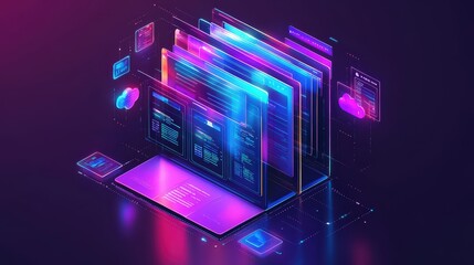 Concept of using artificial intelligence and advanced technology in a futuristic digital workspace showcasing data integration and visualization