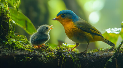 Fototapeta premium Realistic Photo - Parent Bird Feeding its Baby Chick in Lush Rainforest