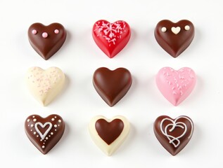 Obraz premium Assorted heart-shaped chocolates arranged in a grid for Valentine's Day celebration