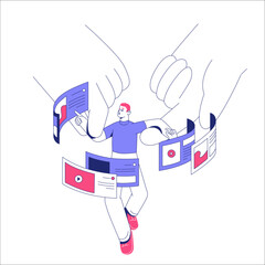 Giant Hands Manipulating A Man Surrounded By Floating Media Elements In Flat Vector Illustration Symbolizing Media Control And Digital Influence, Isolated On White Background