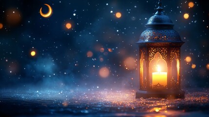Illuminated Lantern Under Night Sky With Crescent Moon