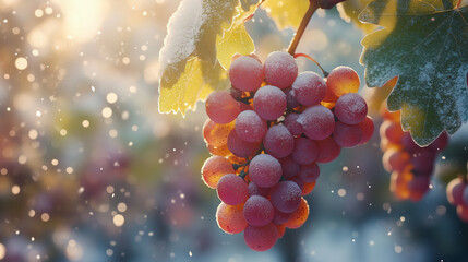 Fototapeta premium Ripe bunches of grapes grow on a branch with green leaves in the snow. Winter day. Bokeh effect. AI generative 