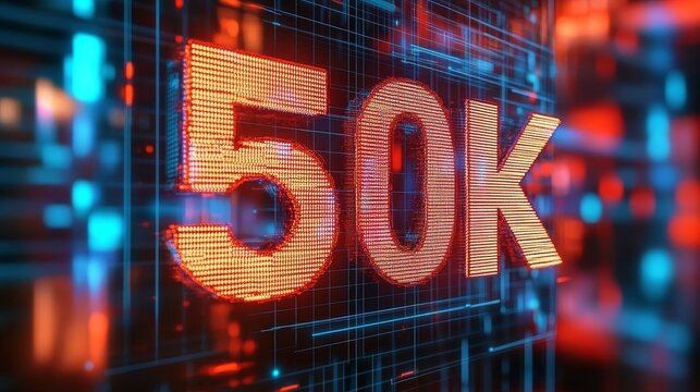 Glowing Digital 3D Number 50K in Futuristic Style on Abstract Background, Celebrating a Milestone - Powered by Adobe