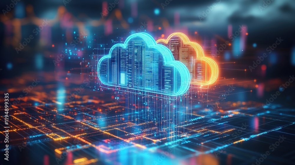 Poster concept of cloud computing and artificial intelligence integration in digital data management system