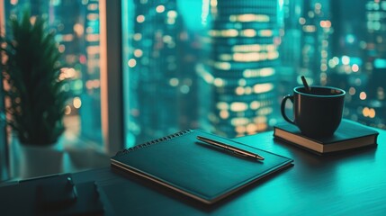 Naklejka premium Elegant Business Desk Setup with Planner and Pen at Night