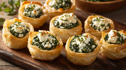 Goldenbrown puff pastry cups filled with creamy feta cheese and vibrant spinach. A delicious appetizer or party snack, perfect for gatherings.